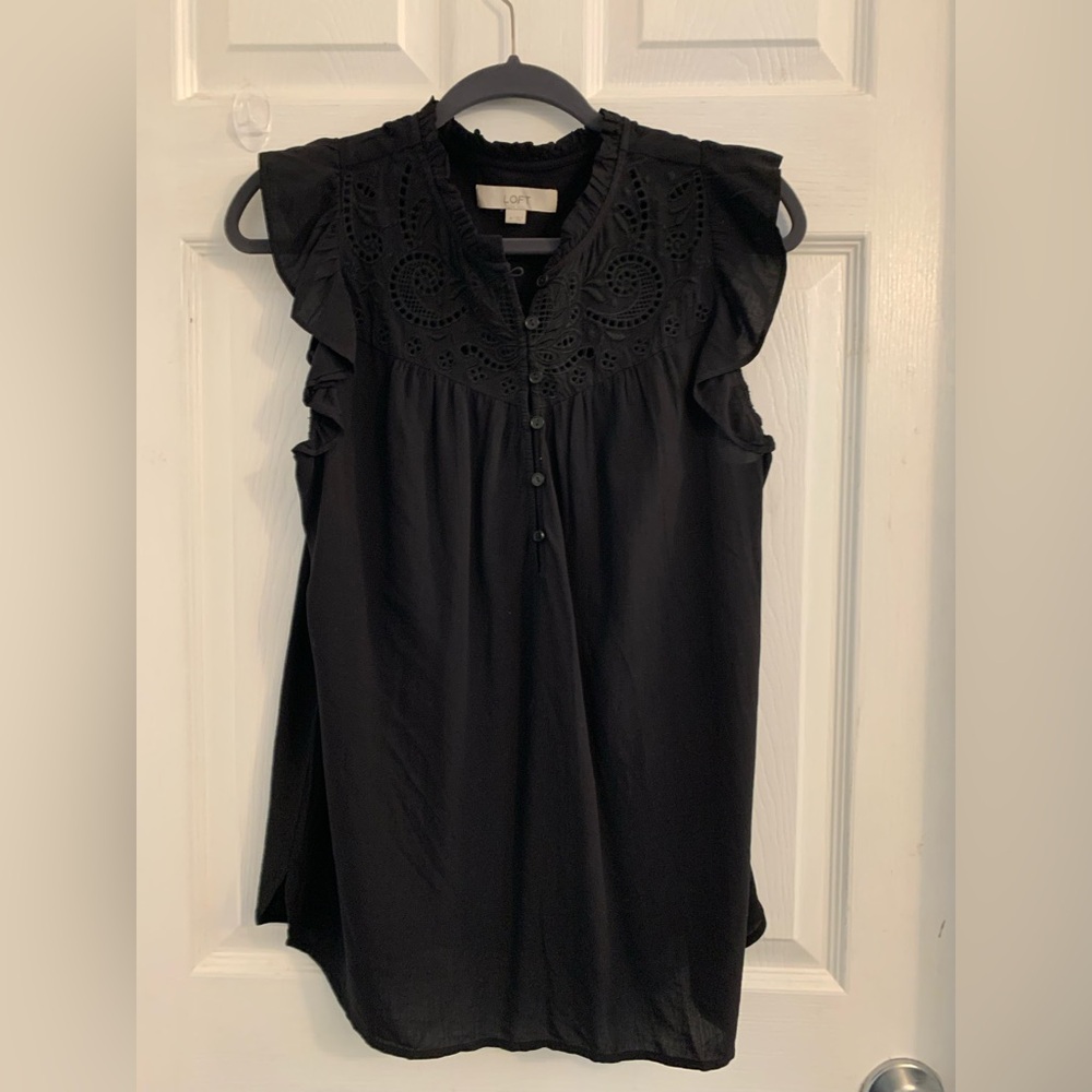 LOFT women’s Black Ruffled short sleeved Blouse. Size medium $10